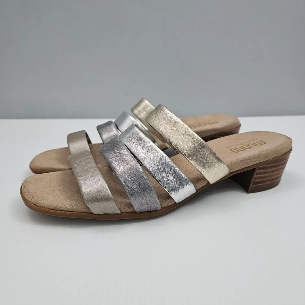 Munro Adrianne Metallic Strappy Sandal Womens 10 NARROW Taupe Leather Slide